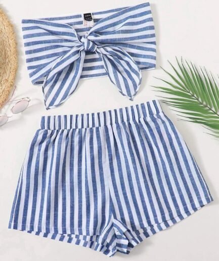 SHEIN Two Tone Striped Knot Crop Top Set